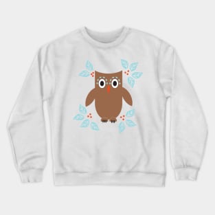 Cute chocolate brown baby owl with berries and leaves Crewneck Sweatshirt